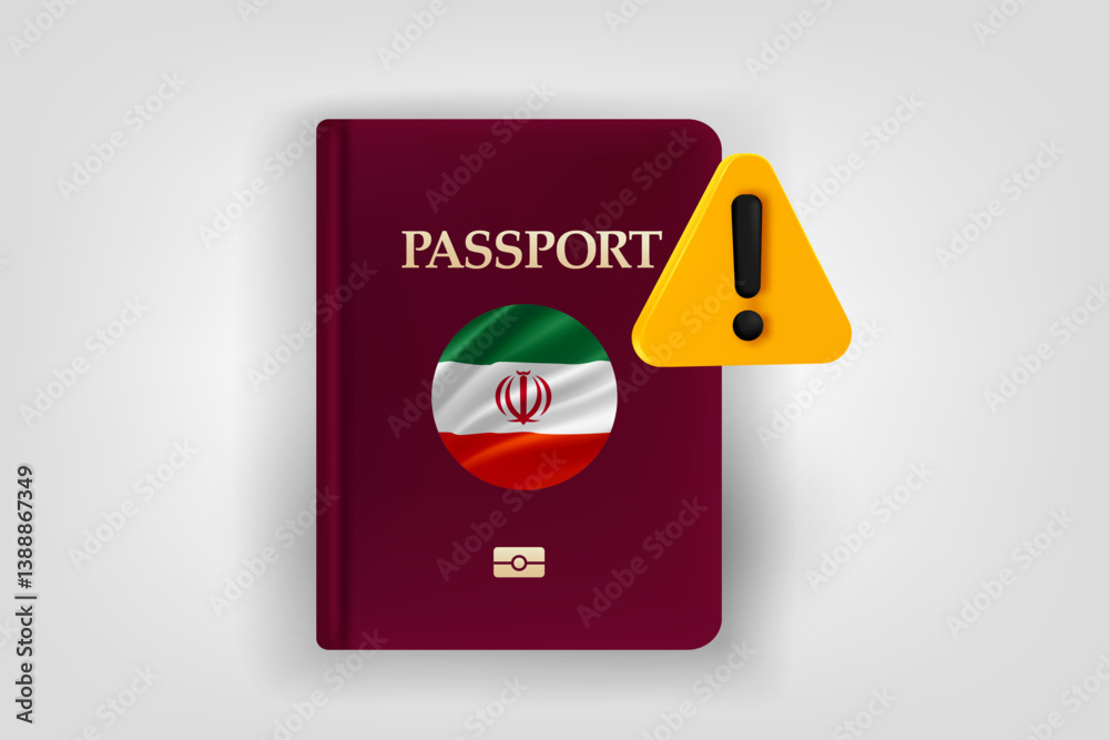 Poster passport with flag of iran and exclamaion sign. low energy concept. vector 3d illustration