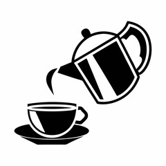 Obraz premium Teapot Pouring Liquid Into A Cup Vector Black And White Icon Illustration