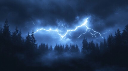 Lightning storm over dark forest, night scene, nature backdrop