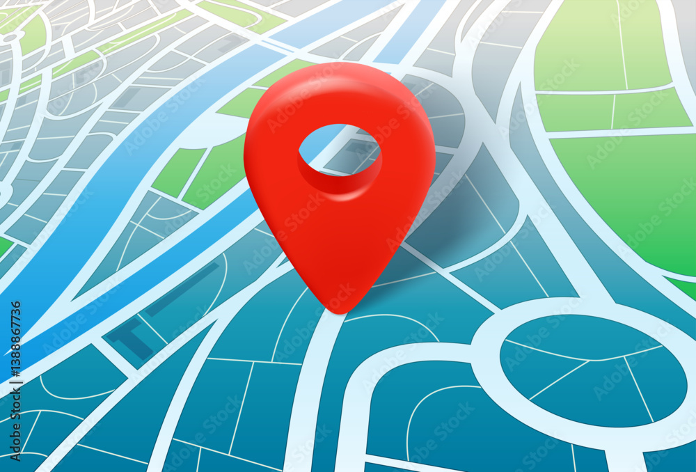 Poster abstract city map with red pin. 3d vector illustration