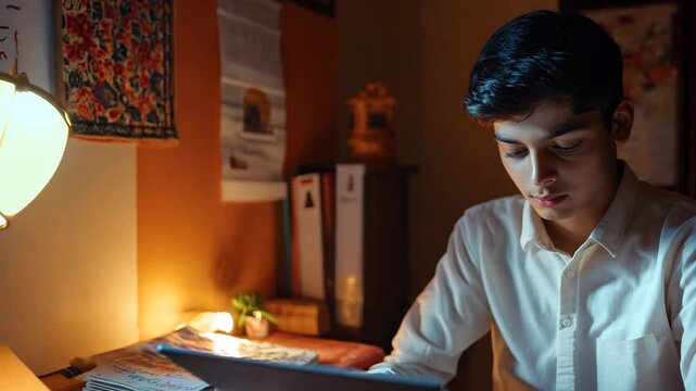 A young student in a white shirt concentrates on reading or studying in a warmly lit room, surrounded by educational materials and a calm, focused atmosphere ideal for learning.