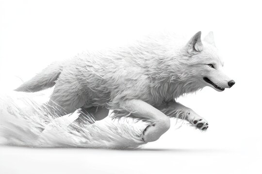 Arctic wolf running, white background, motion blur, wildlife illustration