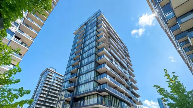 A sleek, contemporary high-rise condominium with glass exterior walls and spacious balconies, set against a clear blue sky in an urban cityscape. The image highlights modern architecture and vibrant 