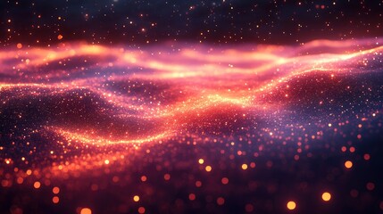 Digital sunset made of data streams and particle effects
