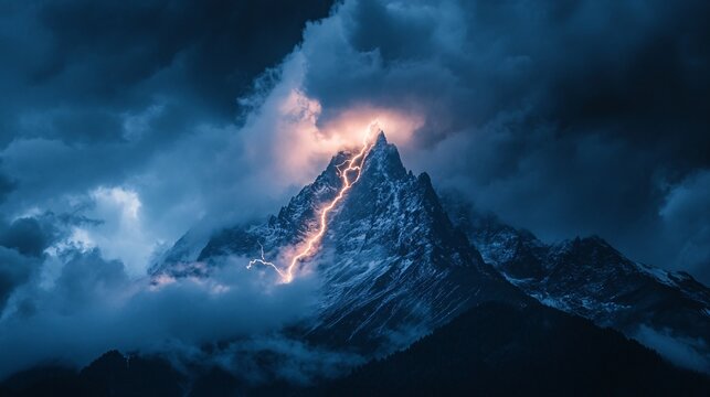 Lightning strikes snowy peak, dramatic cloudscape, nighttime mountain range, power concept