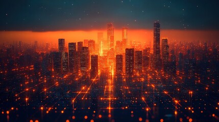 Fototapeta premium Network of light beams forming digital urban planning