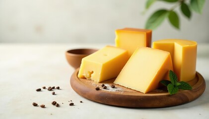 Artisanal cheese selection, minimalist white setting, selection, white background