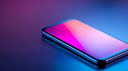 sleek smartphone with vibrant gradient screen, showcasing blend of purple and blue hues, resting on smooth surface