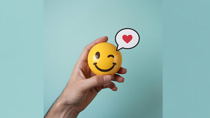 Winking Emoji Ball Held in Hand with Red Heart Thought Bubble on Light Blue Background