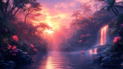 Digital rainforest with geometric wildlife and glowing effects