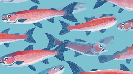 Vibrant salmon fish pattern with intricate details on a turquoise background