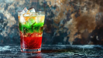 Italian tricolor cocktail celebration for republic day festivities. esta della Repubblica. Horizontal banner. Copy space. Liberation Day. Drink in colors of flag of Italy