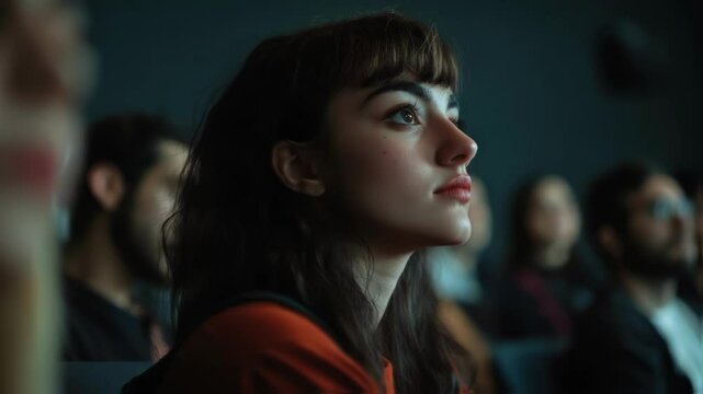 one appears confident and assertive while the other looks contemplative and defensive. The blurred audience in the background adds to the atmosphere of tension.