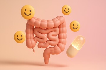 Happy Gut: A vibrant, whimsical illustration of the human gut, with happy smiley faces, and a beneficial capsule. conveying the joy of healthy digestion and inner well-being.