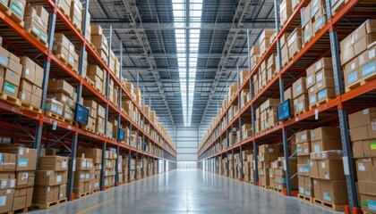 A sustainable warehouse design with solar panels on the ceiling, recyclable cardboard packaging, green labels, and minimal plastic use, with digital tracking screens mounted near each aisle