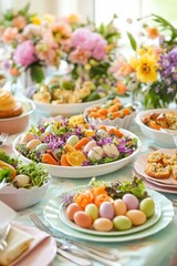 Elegant Easter dining table setting with spring flowers and colorful decor for festive gathering