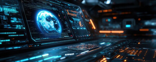 Obraz premium Clouds server intelligent innovation managing systems on earth concept. Futuristic control interface with glowing screens and data displays.