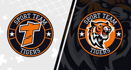 Tigers sports mascot logo design. Modern circle emblem for sports team or wear print.
