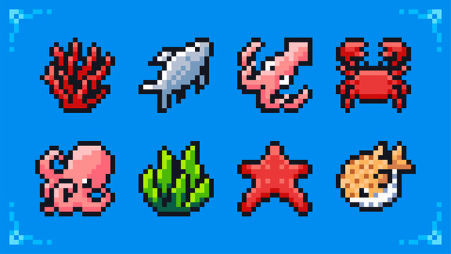 Pixel art ocean icon set for rpg retro 2D game