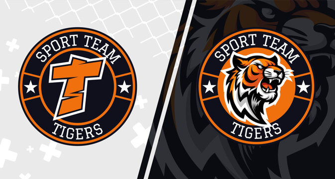 Tigers sports mascot logo design. Modern circle emblem for sports team or wear print.