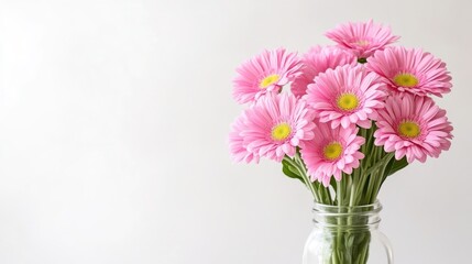 A bouquet of pink gerbera daisies sits in a clear glass jar. The flowers are bright and numerous, filling the jar. The background is a simple, light gray. The image is high quality, well-lit, and f
