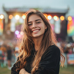 Obraz premium Radiant Festival Vibes – Woman Smiling with Music Stage Behind Her