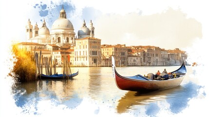 Impressionist painting of gondola at Grand Canal in Venice, vibrant colors, rich details, soft lighting, sepia-toned oil painting aesthetic chaos