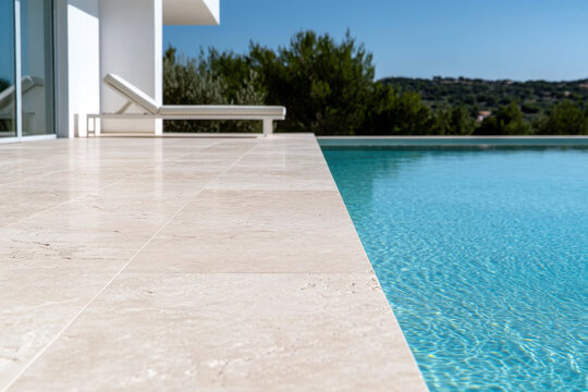 Travertine tiles framing a tranquil swimming pool at a modern villa