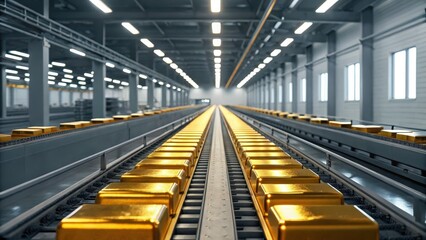 Fototapeta premium A conveyor belt displays golden bars in a modern industrial setting, highlighting a structured and efficient storage or processing area for precious materials.