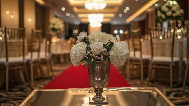 White flowers in a silver vase are placed on a red carpet aisle in an elegant ballroom, creating a luxurious ambiance for a special event, possibly a political gathering