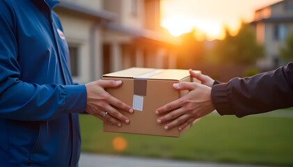 Portrait, parcel and delivery man with box in outdoor for shipping, courier service or stock. Cargo, logistics and employee with cardboard package for export, distribution or commercial supplier
