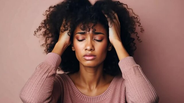 A close-up video frame of a woman with curly hair holding her head, conveying stress or frustration. Neutral background enhances focus on expression.