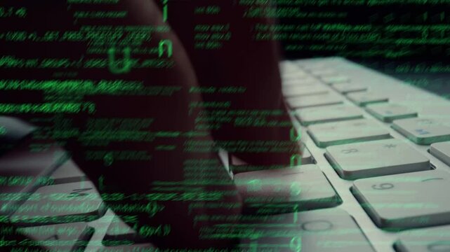 Creative visual of computer programming coding and software development shown by man working on computer keyboard with overlay of computer graphic displaying abstract program codes and computer script