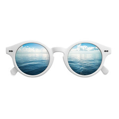 Transparent background image isolate into png Summer time activities. White Round Sunglasses Reflecting Ocean and Sky