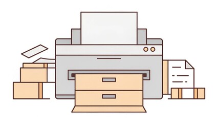 Raise taxes government income. Illustration of a printer surrounded by paper, boxes, and folders, symbolizing office organization and printing tasks.