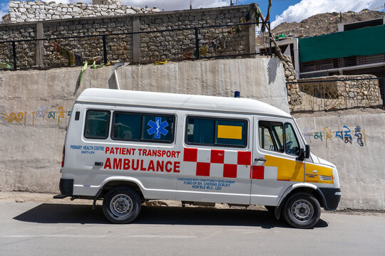 Leh, India - September 12, 2024: Side view of an ambulance parked in a street.