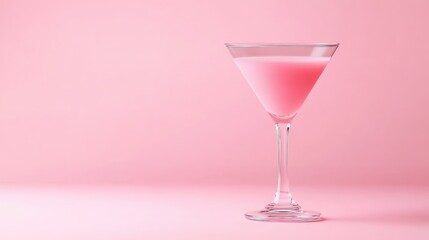 A pink cocktail sits in a martini glass against a pink background. The image is simple, with the glass as the focal point. Its well-lit, creating a clean aesthetic. The color palette is monochromatic