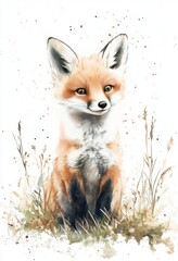 A Watercolor Painting Depicts a Charming Sitting Fox Portrait