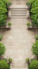Fototapeta premium Ornate stone courtyard with lush greenery and stairs