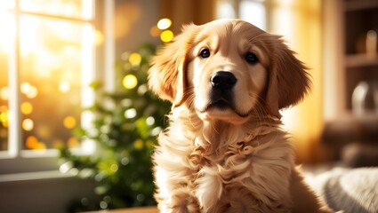 A majestic golden retriever puppy ('cachorro dourado') bathed in warm sunlight, with a glowing, honey-colored coat that shines like gold