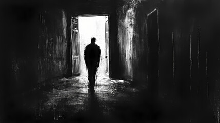 A figure walking through a darkened hallway filled with faint whispers of doubt and fear. Faint Whispers. Illustration