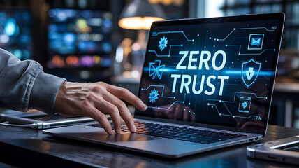 Zero Trust Security Model Man's Hand Interacting with Secure Laptop Display for Cybersecurity Data Protection
