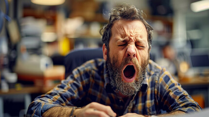 Person yawning at desk during daytime