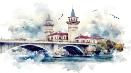 Naklejka premium Istanbul Bosphorus Bridge with Maiden's Tower and Galata Tower in Sepia-Toned Oil Painting Aesthetic Chaos with Seagulls and Panoramic Skyline