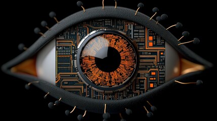 Cybernetic Eye: A captivating close-up of a cybernetic eye, its iris a mesmerizing tapestry of intricate circuits and metallic structures, symbolizing the fusion of technology and humanity.