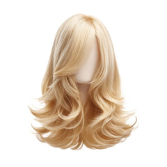 Fototapeta premium Blonde wavy wig on a mannequin head. Concept of beauty, fashion, and hair styling.