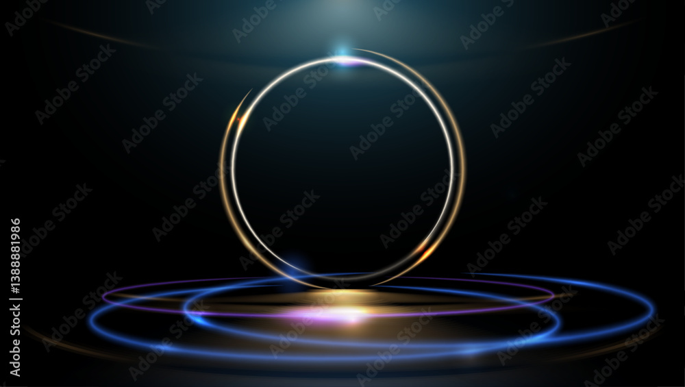 Fototapete abstract gold circle, soft neon glow light effect, smooth curve, sparkling line with glitter on ligh