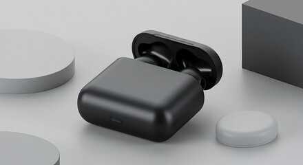 Close-up of Open Black Wireless Earbuds Case for Product Marketing