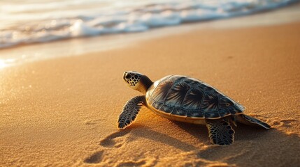 Sea Turtle Walking on Sandy Beach Towards the Ocean at Sunrise