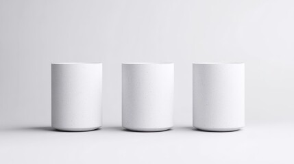 Three blank white cylindrical objects, minimalist design
